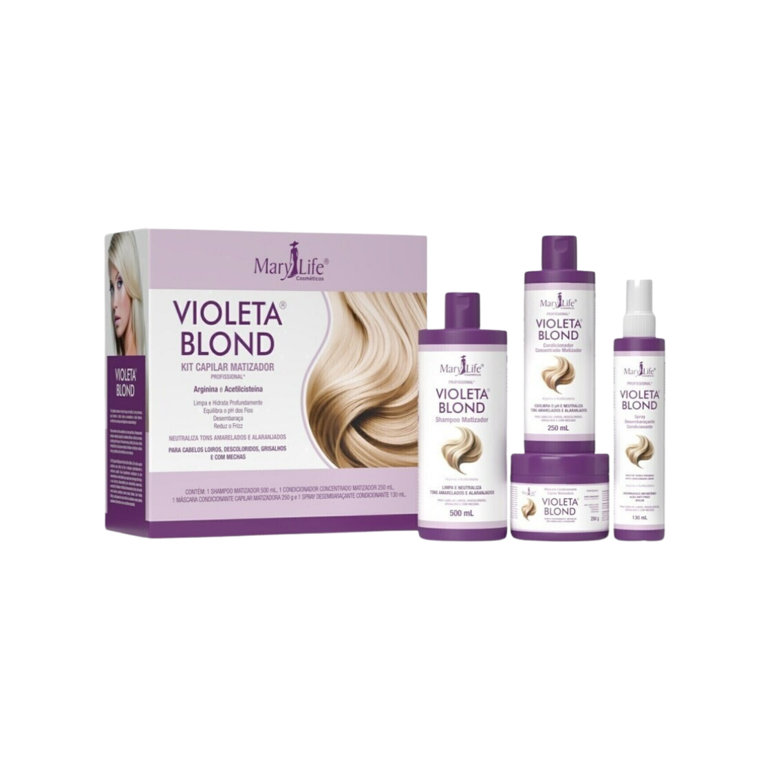 KIT CAPILAR MATIZADOR VIOLETA BLOND MARY LIFE 4 ITENS