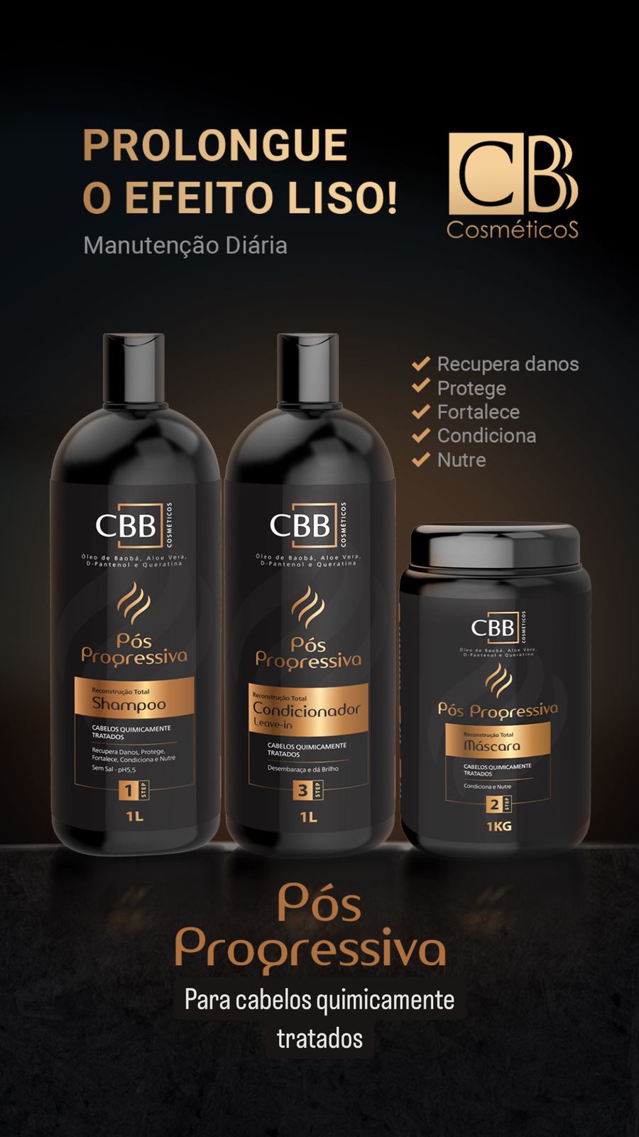 KIT 03 ITENS POS PROGRESSIVA 1L CBB COSMETICOS