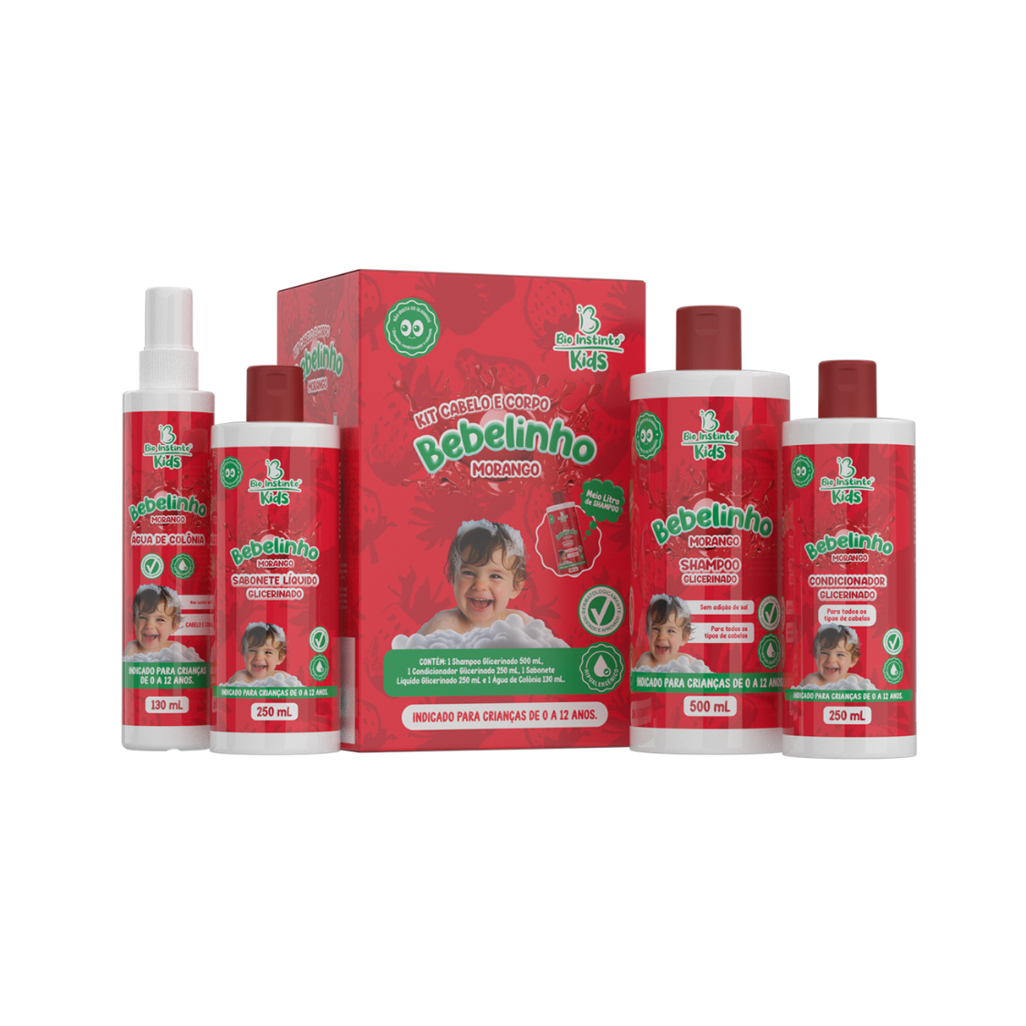 KIT CABELO E CORPO BEBELINHO MORANGO BIO INSTINTO KIDS 4 ITENS