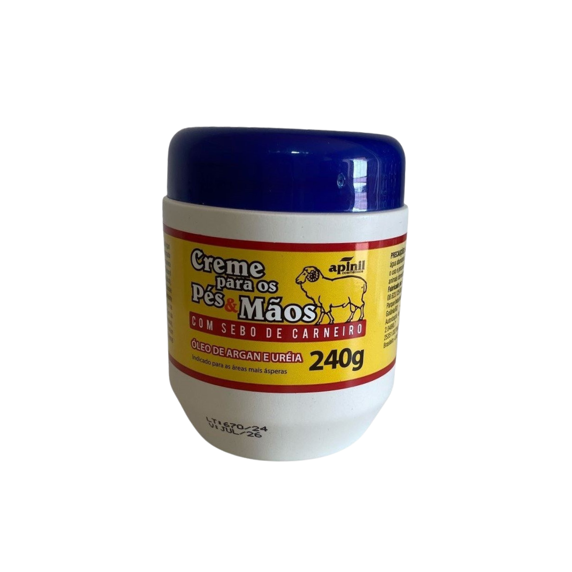 CREME PARA OS PÉS & MÃOS COM SEBO DE CARNEIRO 240G TAMPA AZUL APINIL