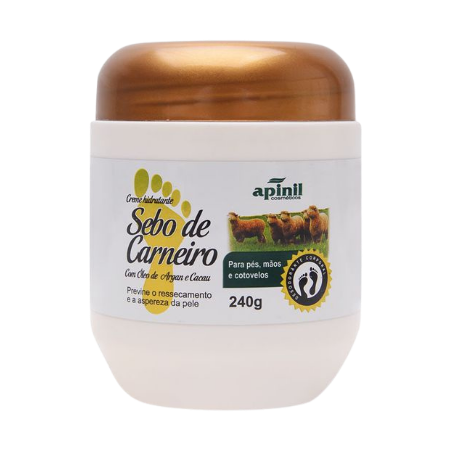 CREME PARA OS PÉS & MÃOS COM SEBO DE CARNEIRO 240G TAMPA DOURADA APINIL